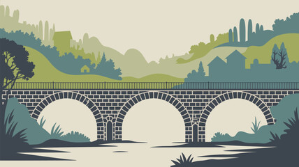 Fototapeta premium Illustration of a stone bridge over water with a landscape background in muted green and blue tones