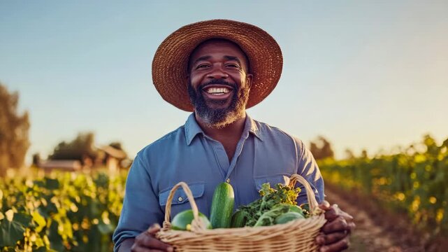 Joyful Farmer with Straw Hat Holding Basket of Freshly Harvested Produce Under Golden Light