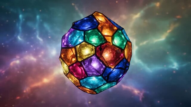 Beautiful animation of a glowing geometric crystal floating in deep space. Its multicolored facets shine like gemstones, symbolizing cosmic energy, balance, and creativity. Perfect for sci-fi projects