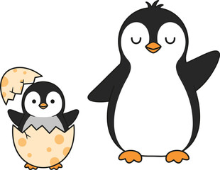 Cartoon illustration of baby penguin hatching from egg beside adult penguin, cute black and white characters with orange beaks and feet
