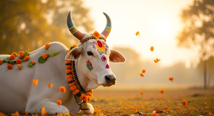 Adorned Holy Indian cow, serene gaze, orange flowers falling, autumnal scene.