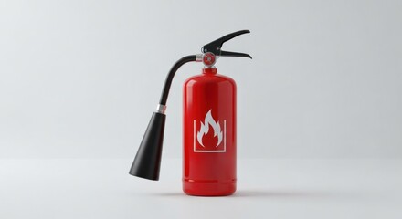 Fototapeta premium Red fire extinguisher with a black nozzle stands against a neutral background