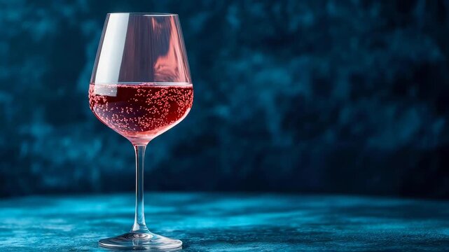 Elegant glass holding shimmering ruby beverage, effervescent bubbles rising gracefully on cool blue surface