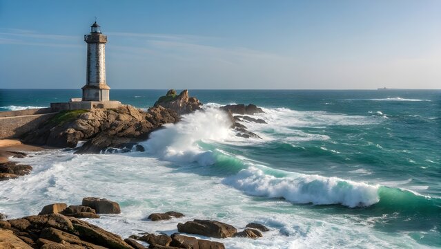 Dramatic seascape with crashing ocean waves against the rocks, a striking lighthouse perched on a cliff under a clear blue sky, a powerful ocean scene