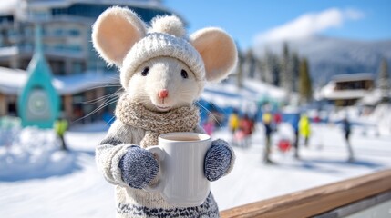 Cute mouse doll in winter outfit enjoying hot drink at ski resort under sunny sky