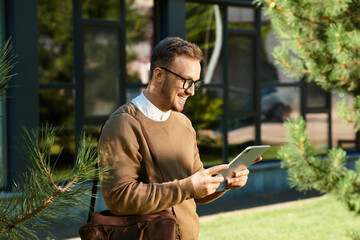 Obraz premium Young university teacher enjoys technology while standing outdoors at the campus