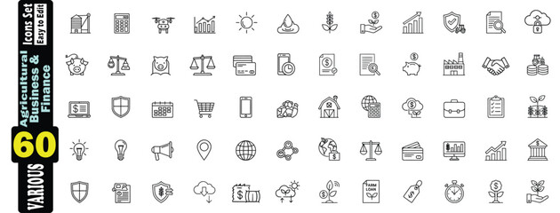 Agricultural Business and Finance Icons Set.  Vector Line Art Collection of agriculture,  business, finance, farming, money, investment, growth, tractor, farmer, barn, crops, economy, banking shapes. 