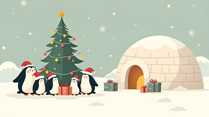 Modern minimalist Christmas illustration with penguins wearing Santa hats gathered around decorated Christmas tree with glowing lights, wrapped gifts, cozy igloo and snowy antarctic winter landscape