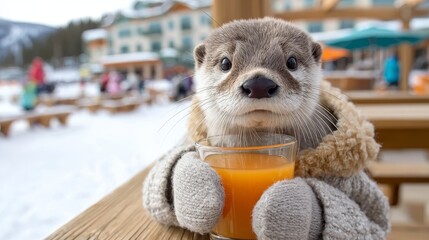Otter enjoying a drink in a winter resort surrounded by snow and people having fun outdoors