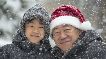 Fototapeta premium Asian elderly male and young male enjoying snowfall in festive winter attire