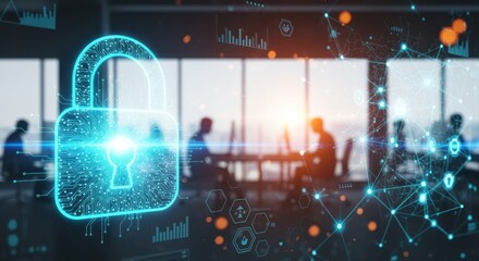 Obraz premium A futuristic digital security concept, featuring a glowing padlock icon and data visualization elements. The image conveys the idea of cybersecurity, data protection, and technological advancements.
