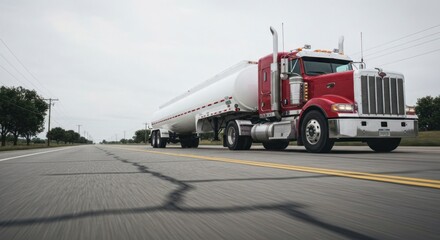 Red semi-truck with white tanker trailer on cracked highway under cloudy sky