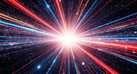 Naklejka premium A vibrant cosmic display of colored lights radiates from the center, forming a brilliant star-like burst amid a dark sky twinkling with glittering particles.