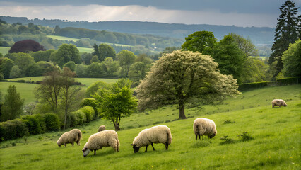 Peaceful countryside scene featuring grazing sheep on lush green meadows among rolling hills and trees, capturing rural tranquility