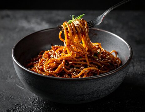 Spicy Asian stir-fry noodles with sesame in a black bowl on a dark background
