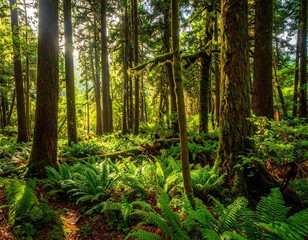 Obraz premium Lush Green Forest Floor with Ferns and Sunlight Filtering Through Tall Trees in a Vibrant Outdoor Scene Nature Photography