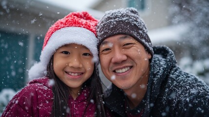Asian father and daughter smiling in snowy winter scene