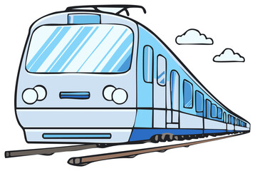Modern blue commuter train cartoon illustration on railroad tracks