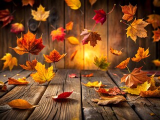 Autumn leaves falling on wooden planks background