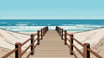 A wooden boardwalk leads to the beach with sand dunes and ocean under a clear blue sky illustration