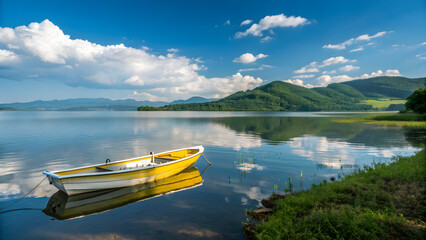 Serene lakeside scene with a classic yellow rowboat reflecting in calm waters under a vibrant blue sky, perfect for summer travel ads