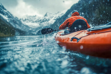 Naklejka premium A person in a bright orange jacket paddles a kayak on a tranquil lake, with mountains looming in the background and rain splashing on the surface