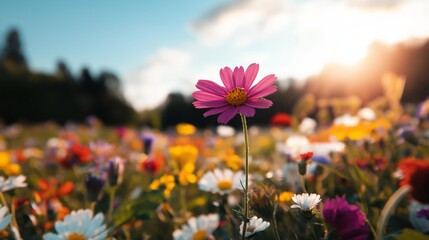 Vibrant pink flower standing tall in a colorful wildflower meadow at sunset