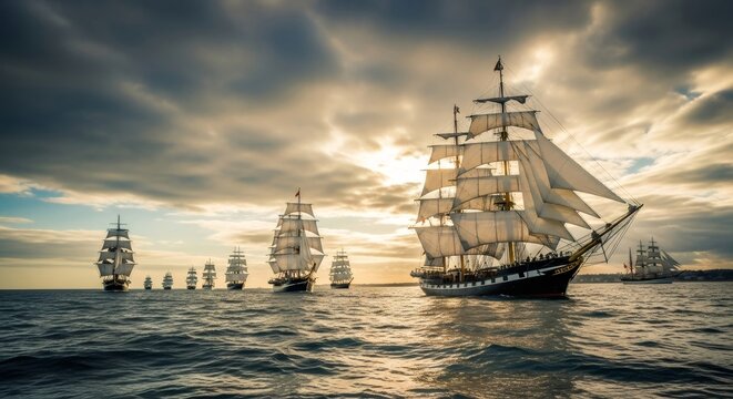 Majestic tall sailing ships armada on ocean at sunset. Naval battle concept. Historical maritime adventure and expedition.