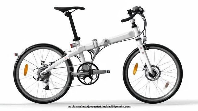 Sleek white folding bicycle with disk brakes and reflective wheel accents