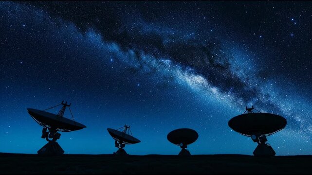Large satellite dishes rotate, searching for signals from outer space, beneath the breathtaking expanse of the milky way galaxy on a clear night