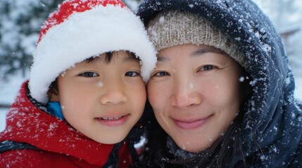 Asian woman and child embracing in snowy winter scene with festive hat