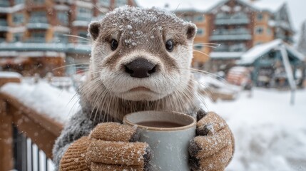 Charming otter enjoys warm drink outside in snowy winter setting with cozy mountain lodge in background