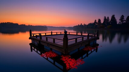 Fototapeta premium Wooden pier on a lake at sunset with colorful sky view