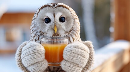 Owl holds warm drink while wearing cozy mittens in snowy outdoor setting during winter