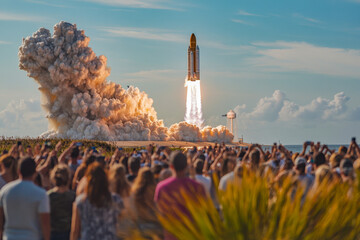 Spectators gather at Kennedy Space Center to witness the dazzling launch of a rocket, smoke billowing in the vibrant sky