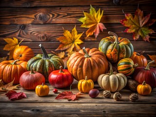 Assortment of pumpkins and gourds on wooden surface
