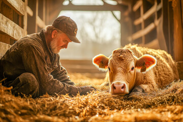 A farmer spends time with a cow in a rustic barn as the sun sets, highlighting the bond between humans and livestock in rural settings