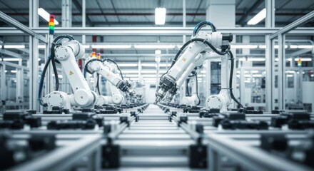 Fototapeta premium Robotic arms lined on conveyor belt in modern industrial factory setting