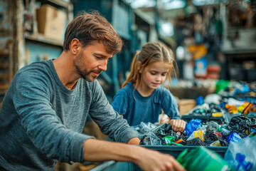 A father and daughter sort recyclables together at a community workshop, promoting teamwork and sustainability