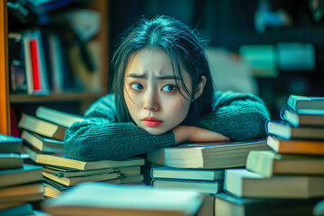 A young woman sits thoughtfully at a table piled with books in a cozy room, lost in contemplation as she studies her surroundings