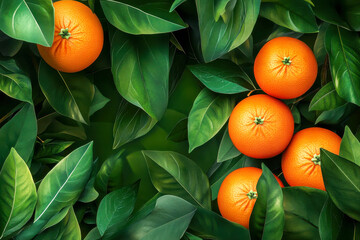 Bright oranges are surrounded by lush green leaves, creating a colorful display of fresh fruit in a natural setting, perfect for healthy enjoyment