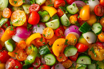 A vibrant mix of red, yellow, and green vegetables is ready to serve at a summer event, showcasing tomatoes and cucumbers