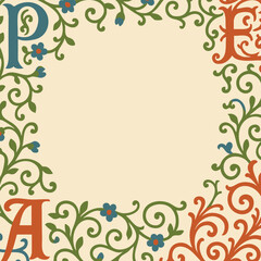 Ornate vine border with curled green and red leaves