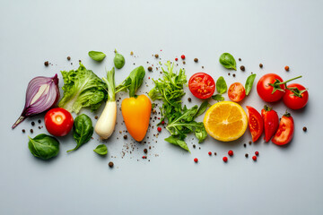 A variety of fresh vegetables and fruits are arranged neatly on a light blue surface, showcasing their colors and textures