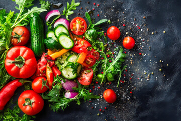 A mix of fresh tomatoes, cucumbers, bell peppers, and herbs are laid out on a dark surface with spices sprinkled around