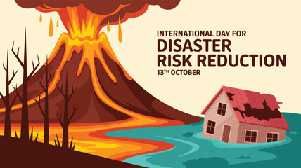  Volcano eruption and flood disaster illustration with damaged house and charred trees for International Day for Disaster Risk Reduction