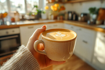 A person holds a cup of coffee with latte art in a sunny kitchen decorated with flowers and warm wood tones
