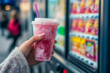 A hand holds a cold frozen drink while standing in front of a vending machine filled with snacks and beverages on a busy street