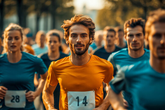 Runners of various ages compete in a marathon as the sun sets, creating a vibrant atmosphere in a city park