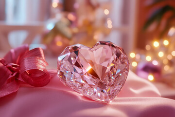 A sparkling crystal heart rests on pink fabric, surrounded by soft lights and festive decorations, perfect for a celebration or gift